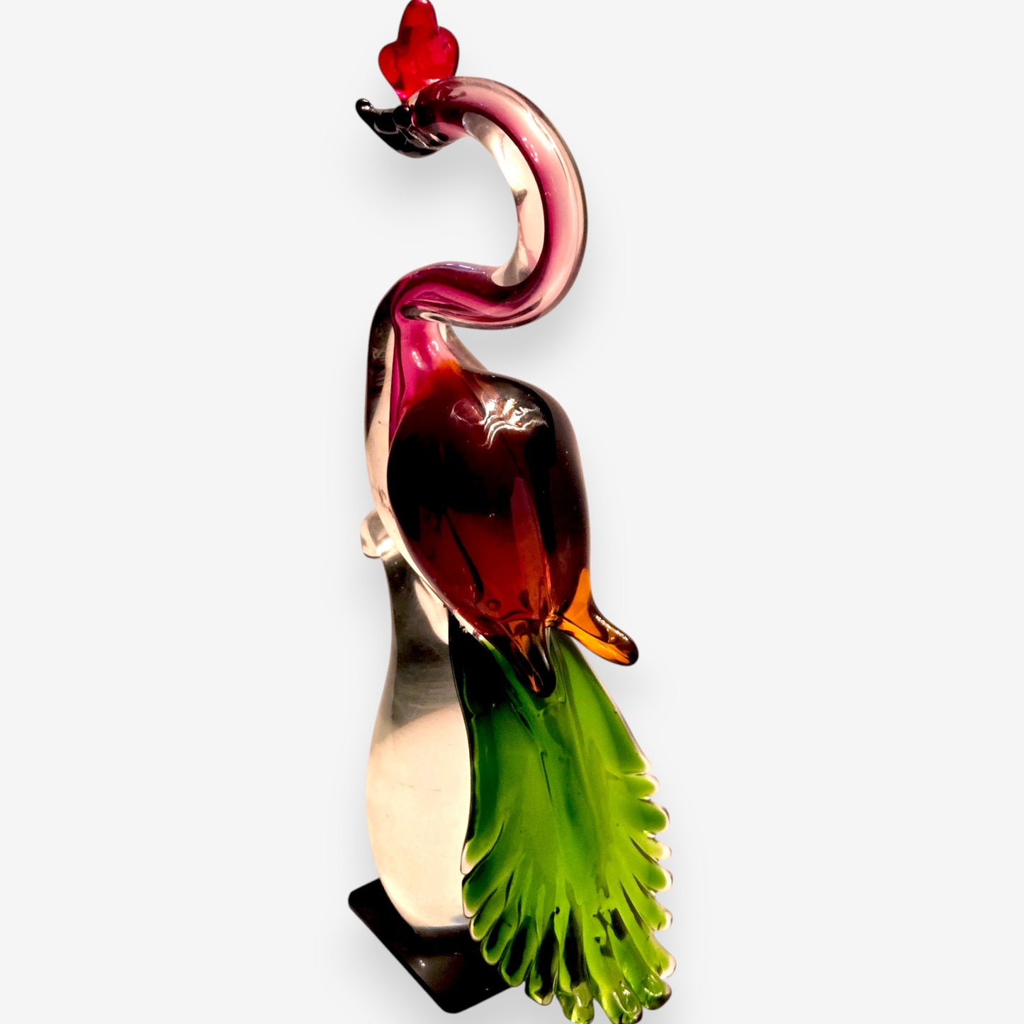 Murano-Attributed Vintage Glass Bird Figurine on Clear Rounded Base - Pink