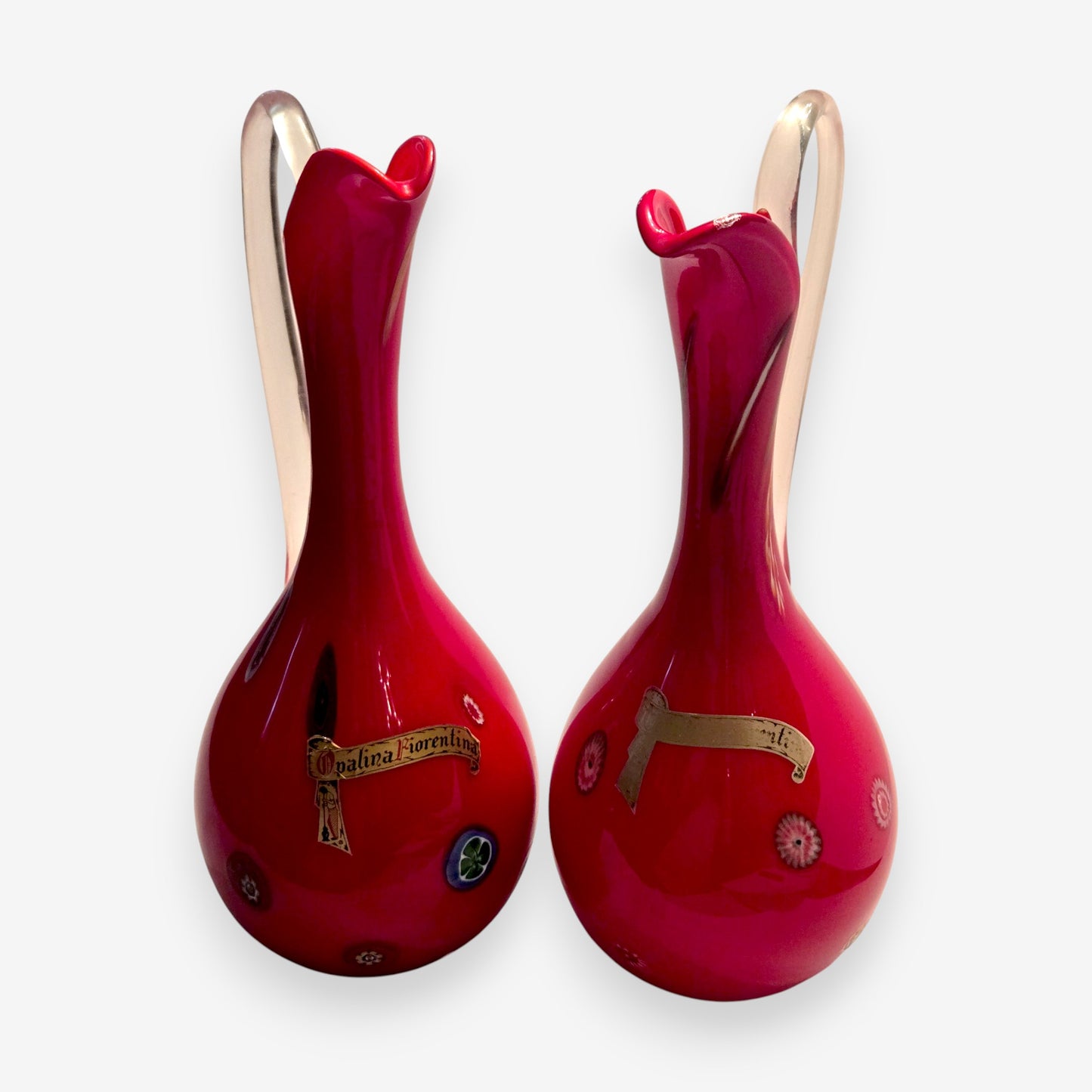 Murano-Attributed Pair Of Vintage Empoli Glass Pitchers/Carafes - Red
