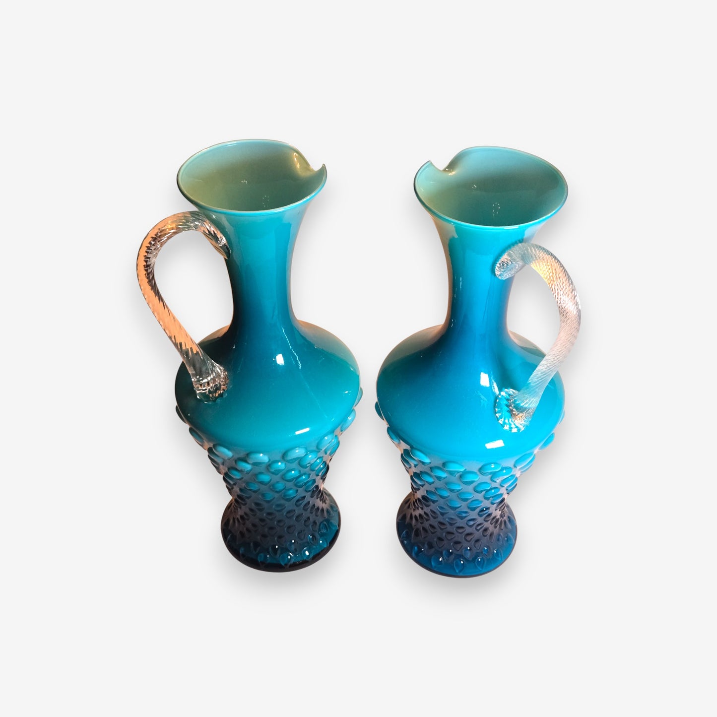 Pair of Vintage Opaline Glass Pitchers with Hobnail Texture - Blue