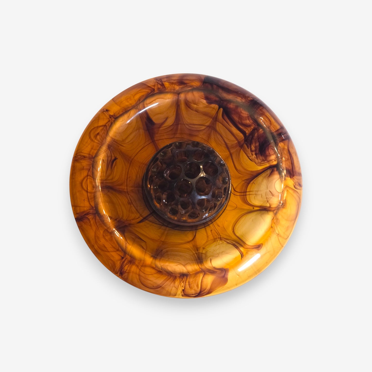 Art Deco Davidson Cloud Glass Bowl with Flower Frog - Amber