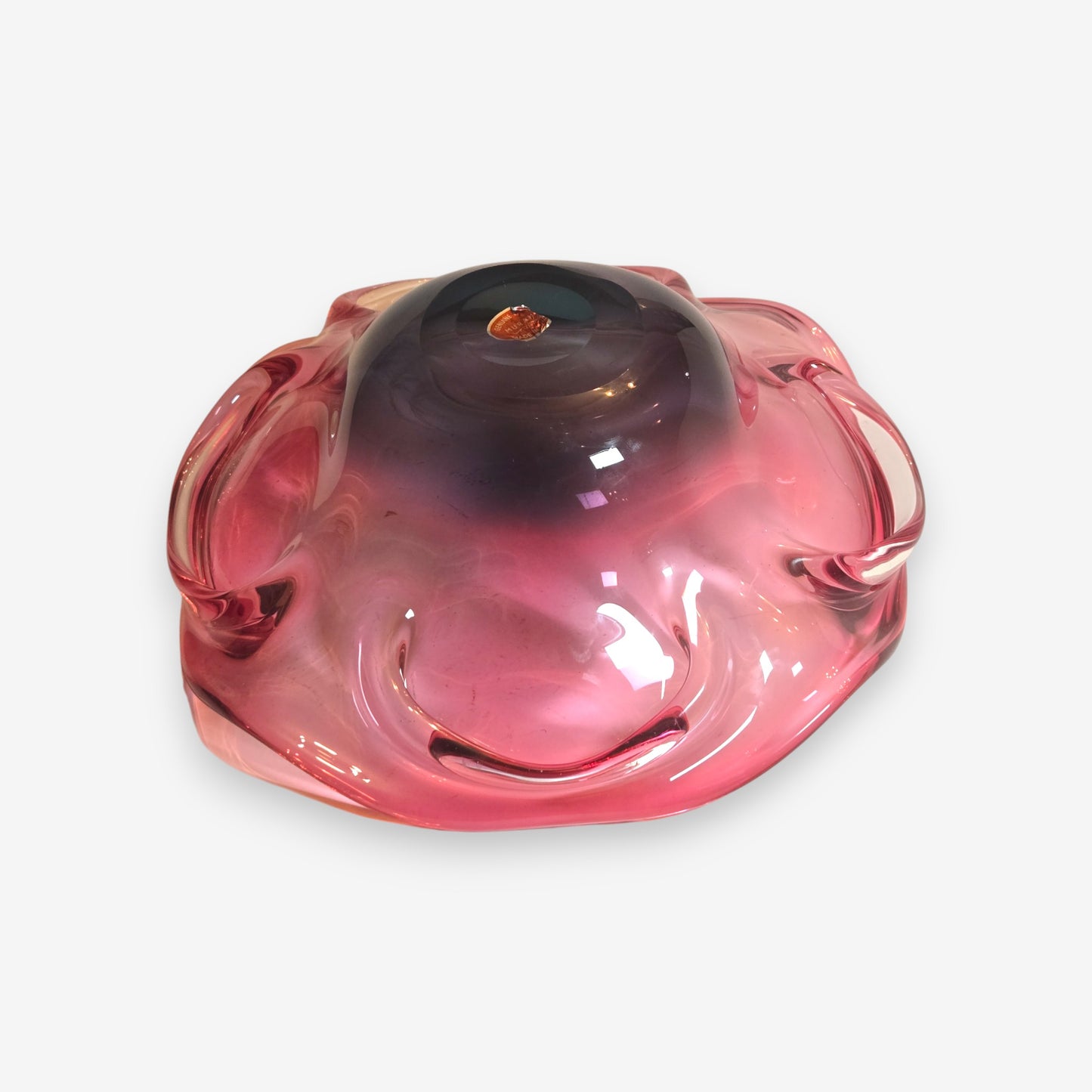 Murano-Attributed Vintage Glass Centerpiece Bowl with Wavy Pink Rim - Pink