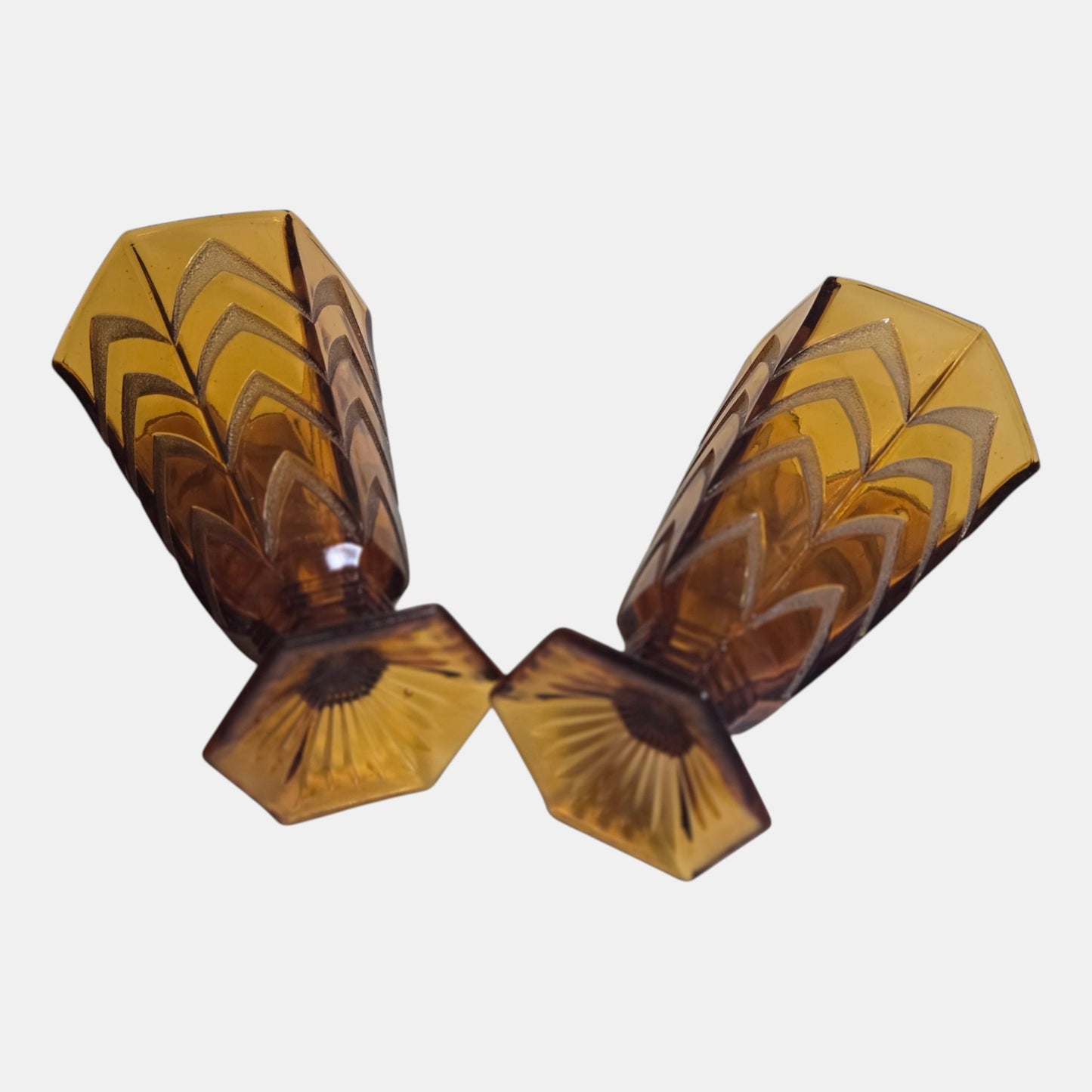 Vintage Amber Glass Vases Deco Geometric - Amber
