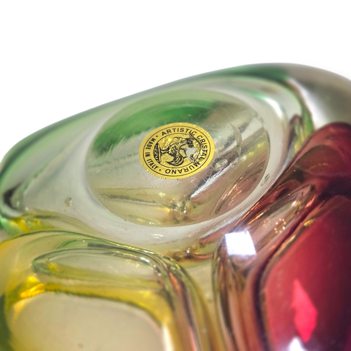 Murano Vintage Ruby Red Green and Yellow Glass Ashtray - Multi