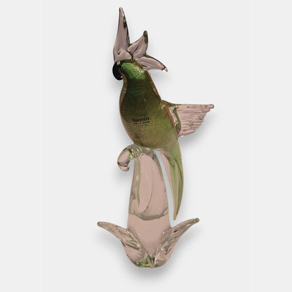 Murano Glass Parrot Sculpture With Gold Flecks - Green