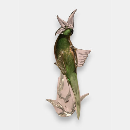Murano Glass Parrot Sculpture With Gold Flecks - Green