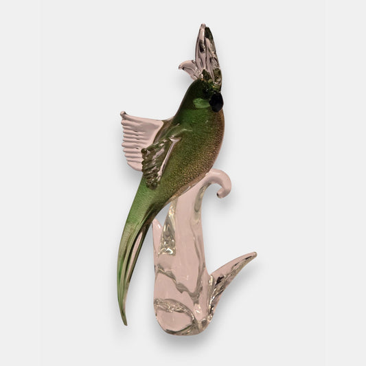 Murano Glass Parrot Sculpture With Gold Flecks - Green