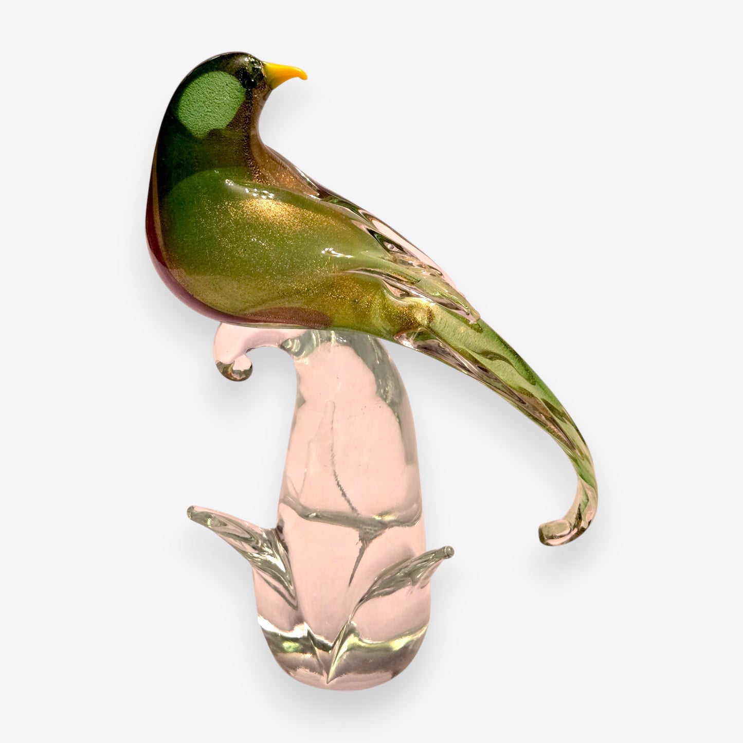 Murano-Attributed Glass Bird Sculpture With Gold Flecks - Green