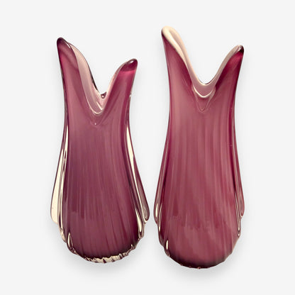 Murano-Attributed Vintage Pair Teardrop Glass Vase - Amethyst