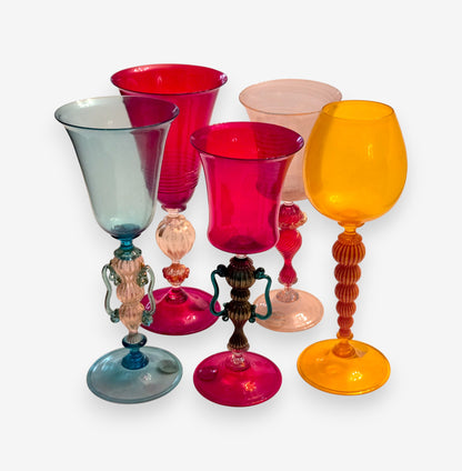 Murano-Attributed Set Of 5 Artistic Glass Goblets - Multi-Colour