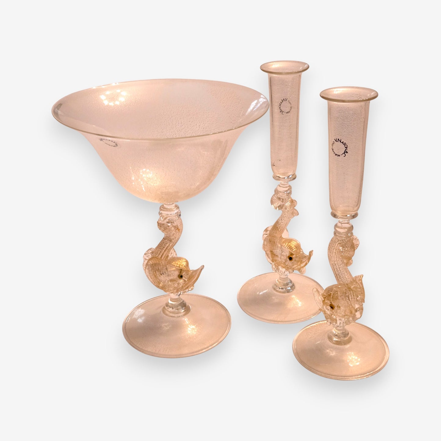 Murano-Attributed Bowl And Matching Glass Flutes - Gold