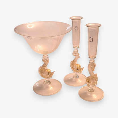 Murano-Attributed Bowl And Matching Glass Flutes - Gold