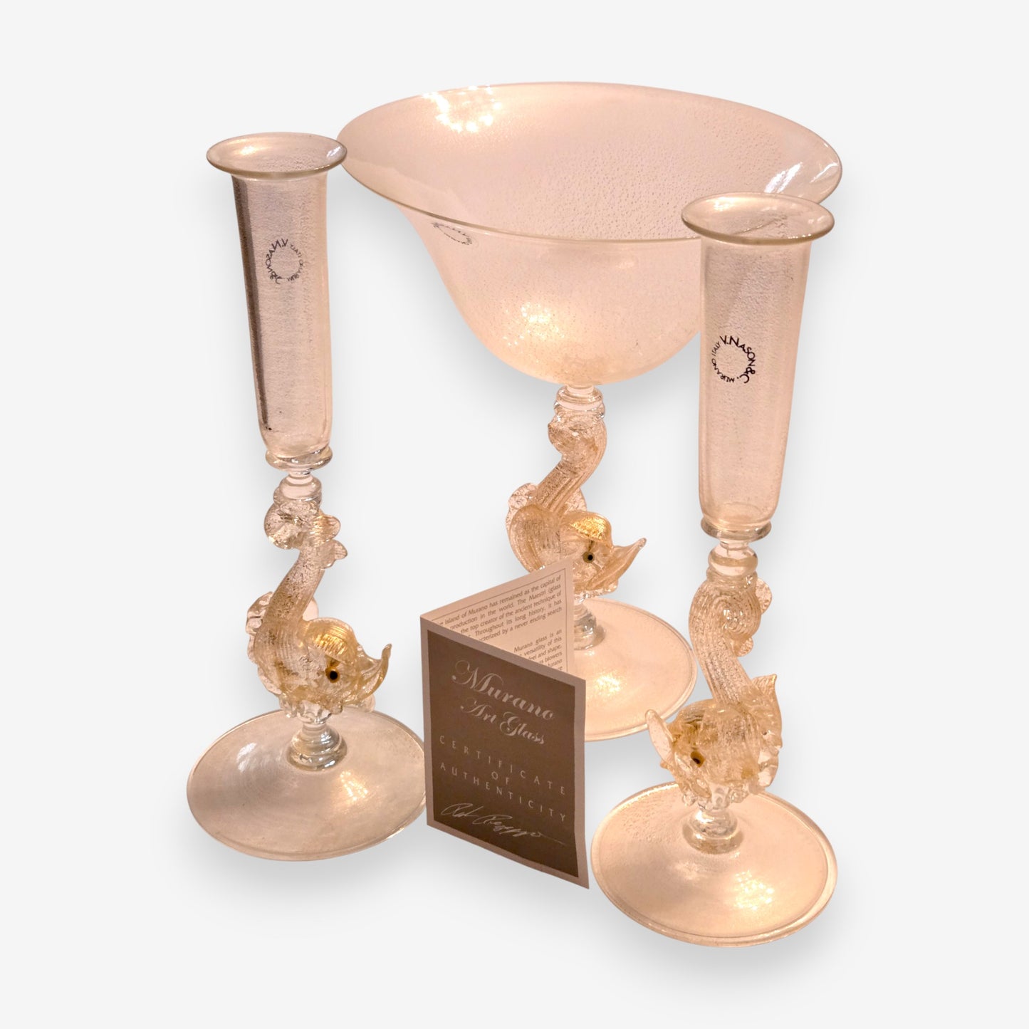 Murano-Attributed Bowl And Matching Glass Flutes - Gold