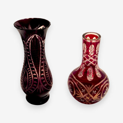 Bohemian Ruby Red Cut Crystal Vase Pair of 2 - Red