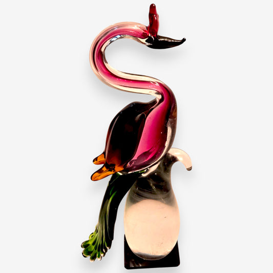 Murano-Attributed Vintage Glass Bird Figurine on Clear Rounded Base - Pink