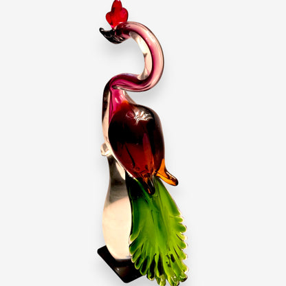 Murano-Attributed Vintage Glass Bird Figurine on Clear Rounded Base - Pink