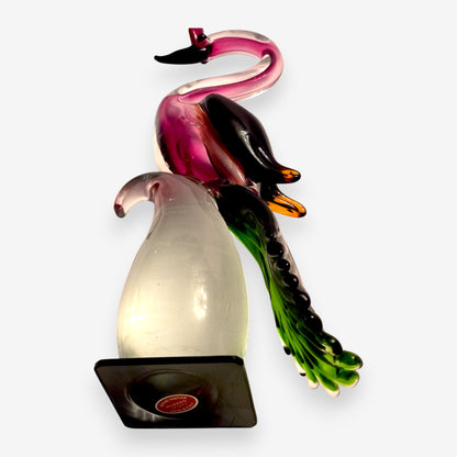 Murano-Attributed Vintage Glass Bird Figurine on Clear Rounded Base - Pink