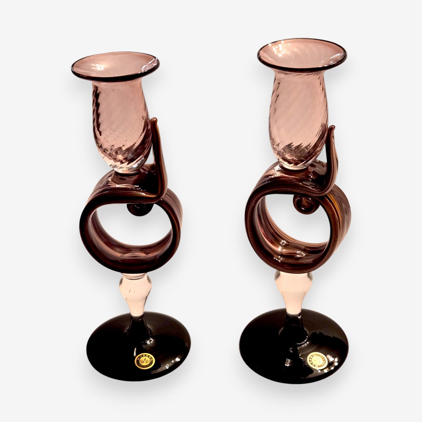 Murano-Attributed  Glass Candlestick Holders - Amethyst