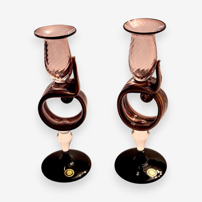 Murano-Attributed  Glass Candlestick Holders - Amethyst