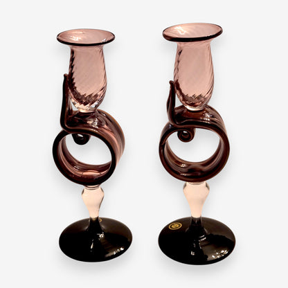 Murano-Attributed  Glass Candlestick Holders - Amethyst