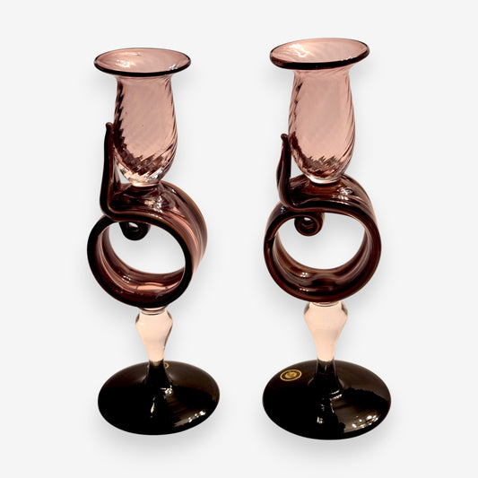 Murano-Attributed  Glass Candlestick Holders - Amethyst