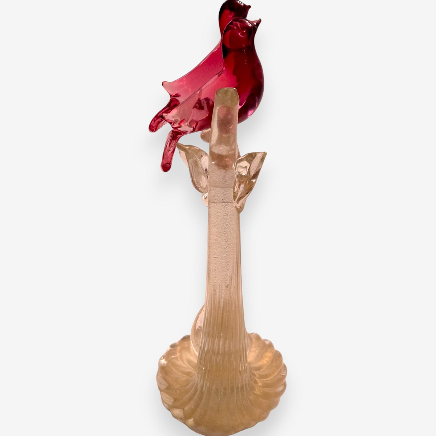 Murano-Attributed Vintage Pair of Pink Birds on Tree Branch with Gold Flecks - Pink