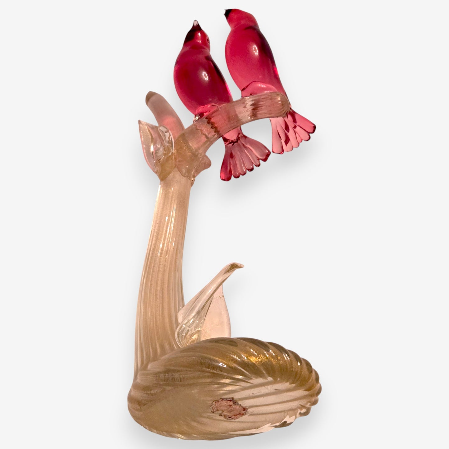Murano-Attributed Vintage Pair of Pink Birds on Tree Branch with Gold Flecks - Pink