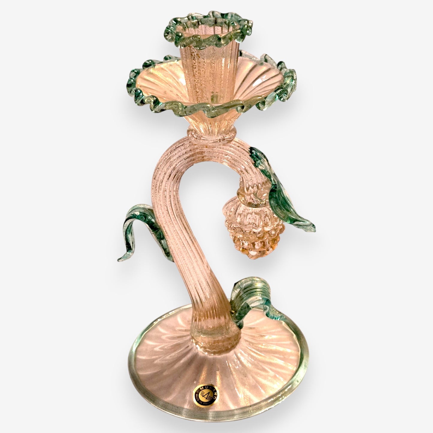 Murano-Attributed Vintage Clear Glass Candle Holder with Gold Flakes - Teal