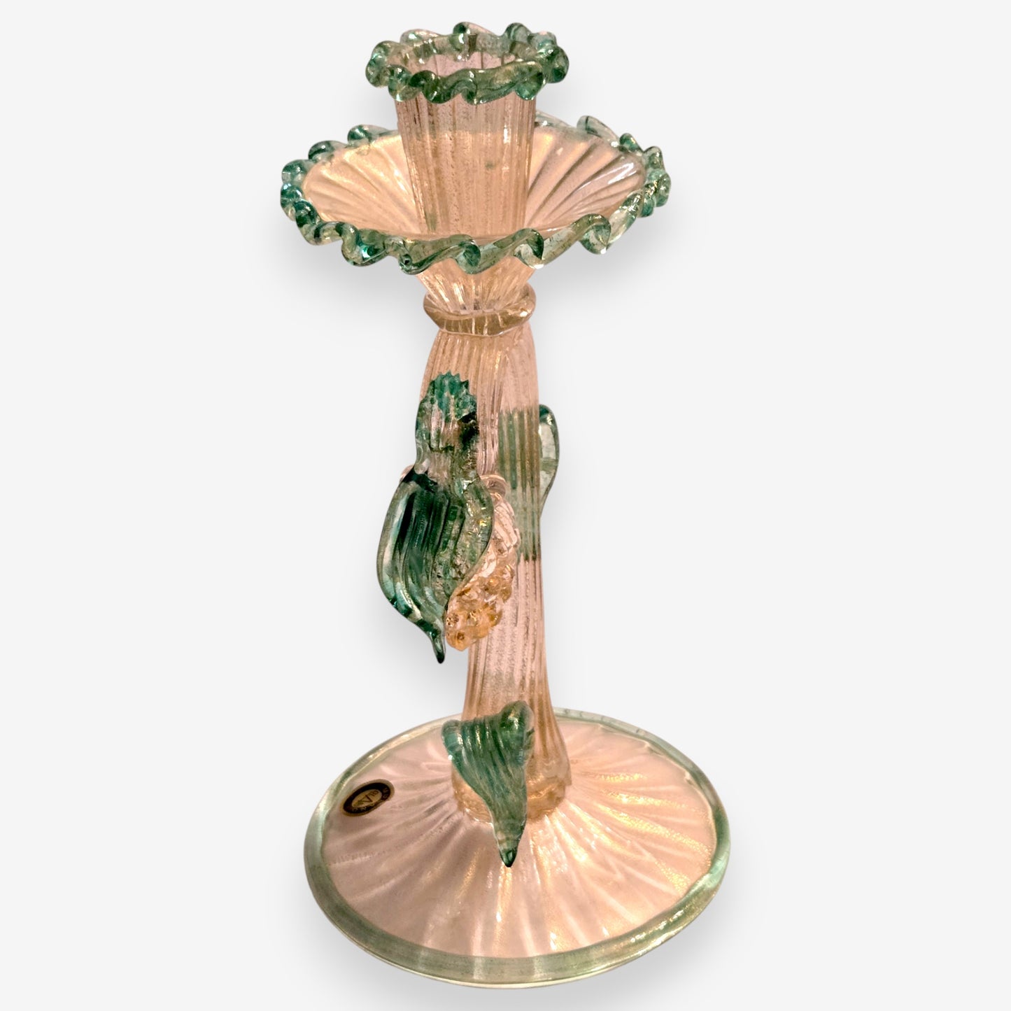 Murano-Attributed Vintage Clear Glass Candle Holder with Gold Flakes - Teal