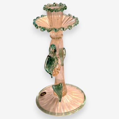 Murano-Attributed Vintage Clear Glass Candle Holder with Gold Flakes - Teal