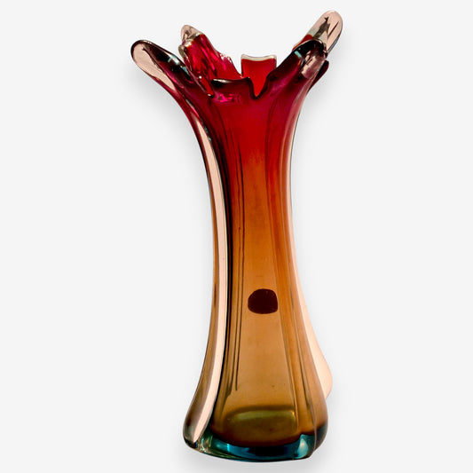 Murano-Attributed Vintage Amber Core Glass Vase - Red