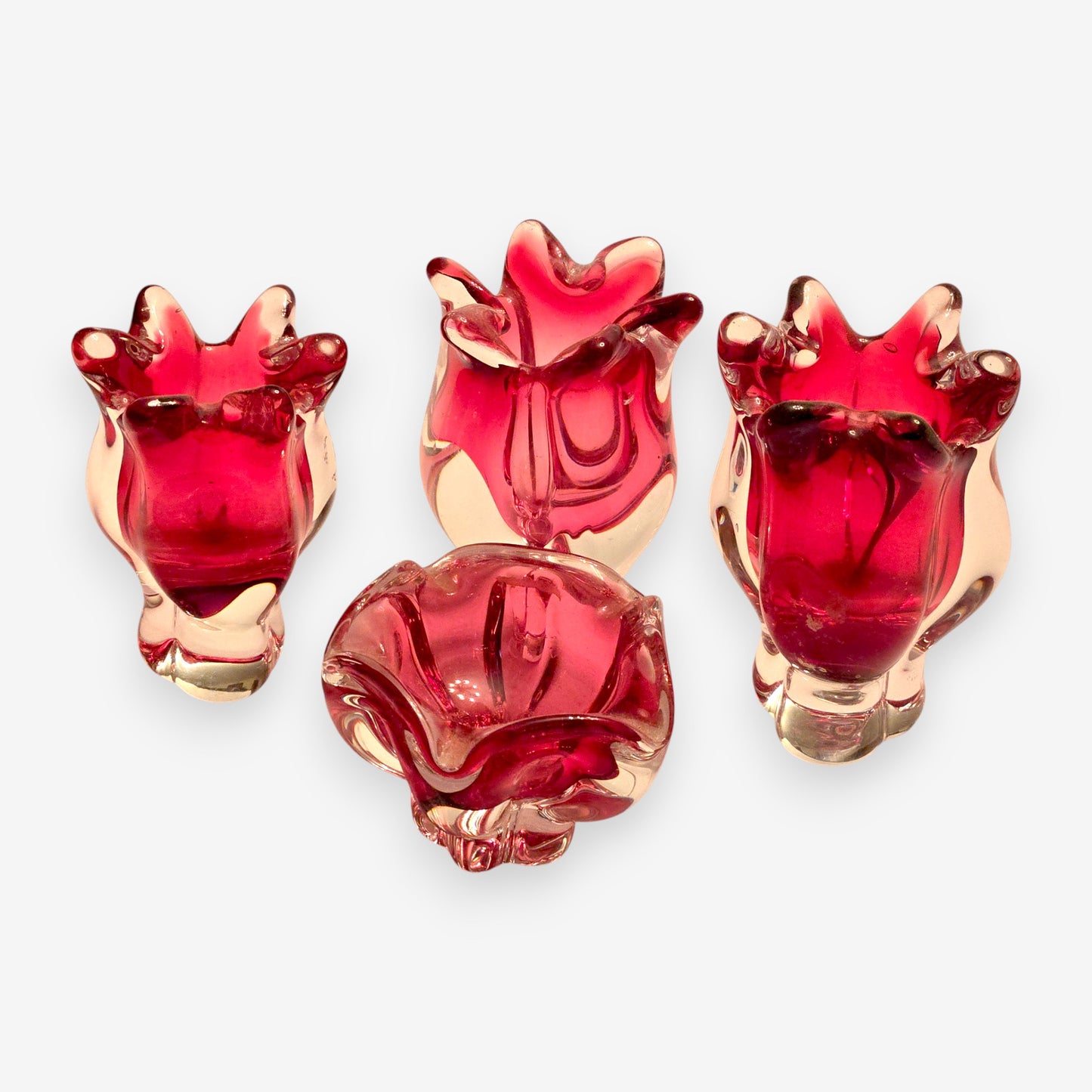 Chribska Vintage Hand Blown Bohemian Glass Vase/Bowl Set of 4 - Cranberry