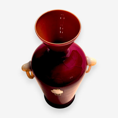 Murano-Attributed Vintage Vase with Milk Glass Handles - Red
