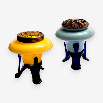 Antique Opaline Grilled Design Glass Vase - Blue/Yellow