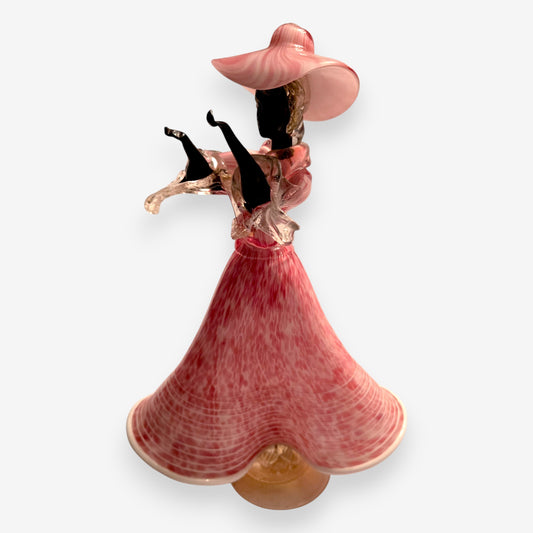 Murano-Attributed Wide Brimmed Hat Glass Dancing Lady Figurine - Pink