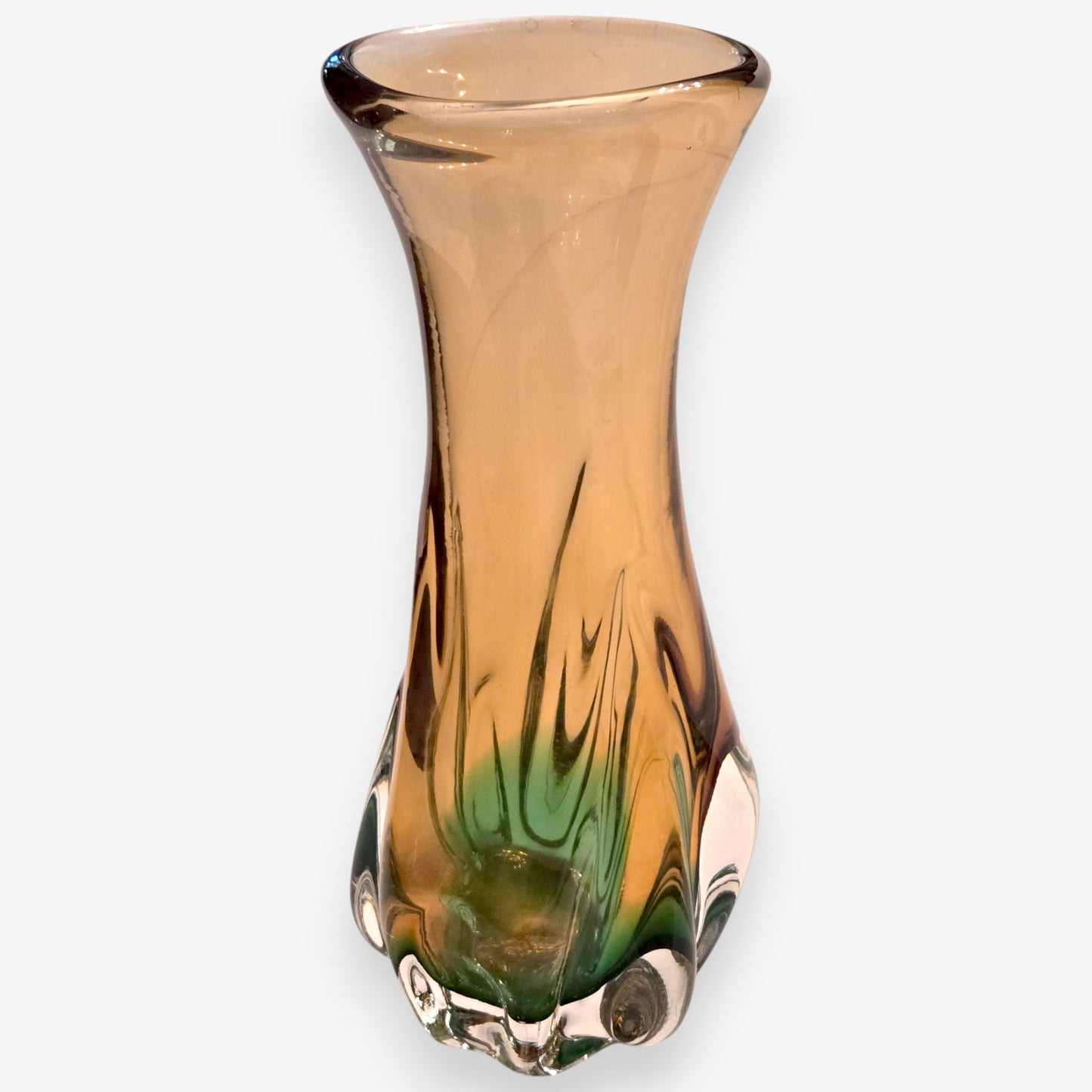 Murano-Attributed Vintage Smooth Ribbed Ombre Glass Vase - Green