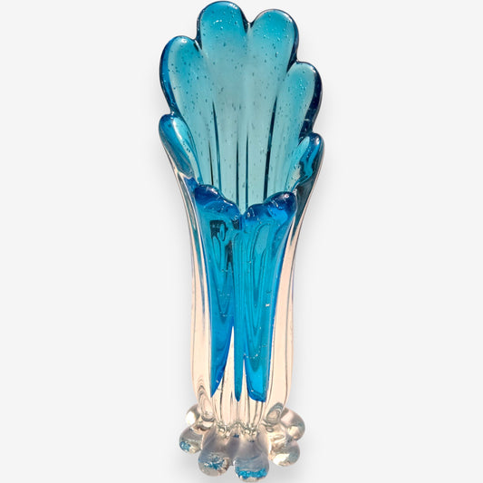 Murano-Attributed Vintage Peacock Rim Glass Vase - Blue
