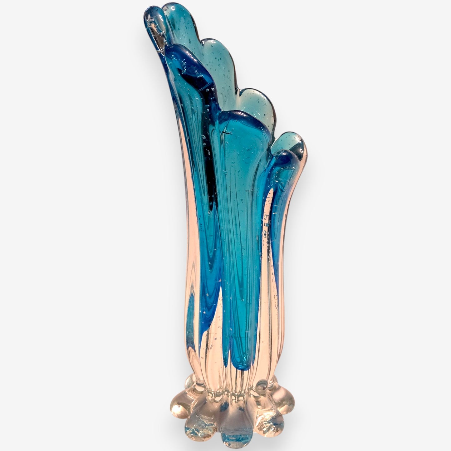 Murano-Attributed Vintage Peacock Rim Glass Vase - Blue