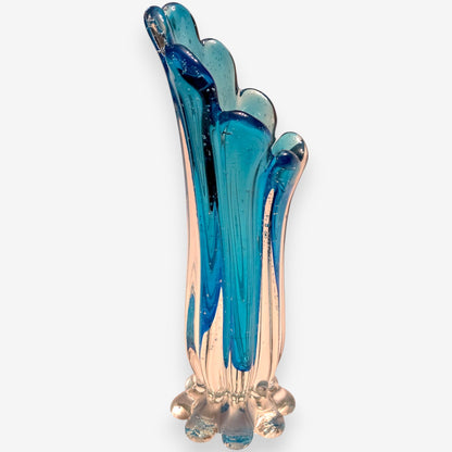 Murano-Attributed Vintage Peacock Rim Glass Vase - Blue