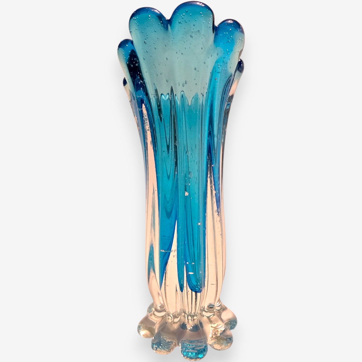 Murano-Attributed Vintage Peacock Rim Glass Vase - Blue