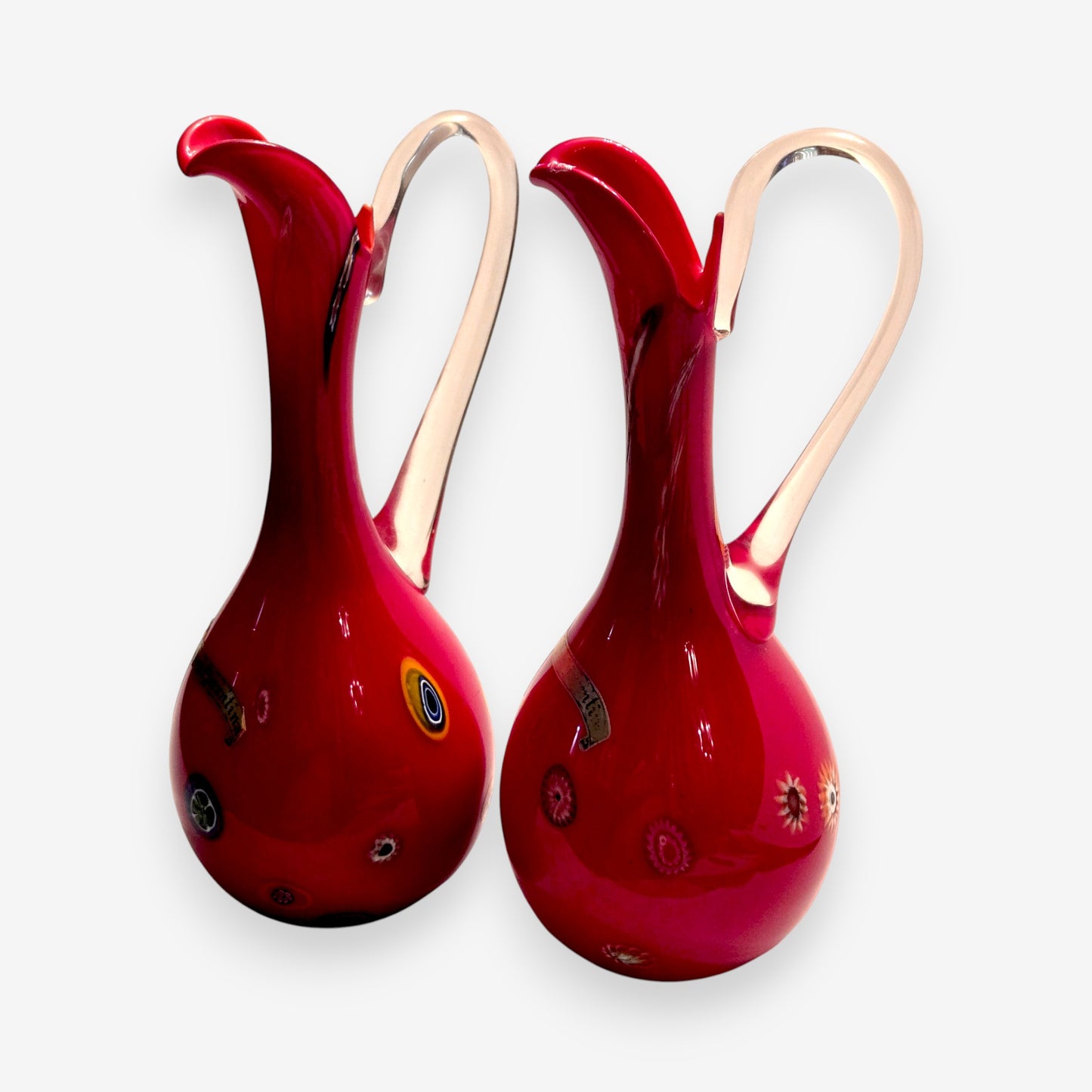 Murano-Attributed Pair Of Vintage Empoli Glass Pitchers/Carafes - Red