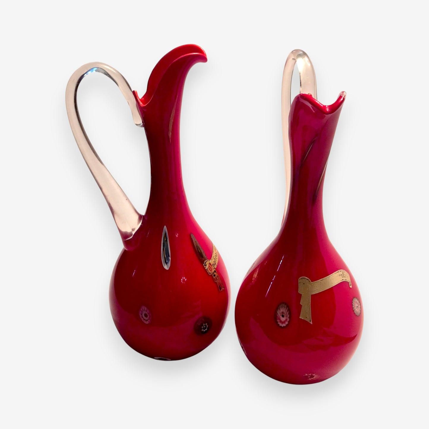 Murano-Attributed Pair Of Vintage Empoli Glass Pitchers/Carafes - Red