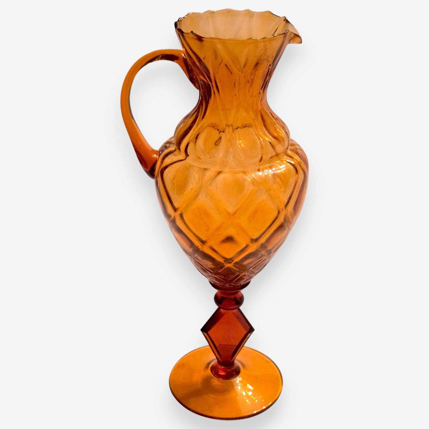 Vintage Hand-Blown Fluted Rim Pitcher/Vase - Amber