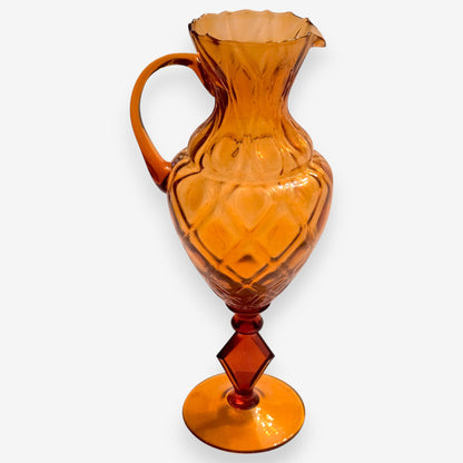 Vintage Hand-Blown Fluted Rim Pitcher/Vase - Amber
