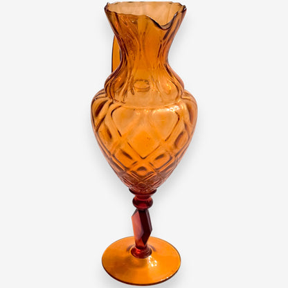 Vintage Hand-Blown Fluted Rim Pitcher/Vase - Amber