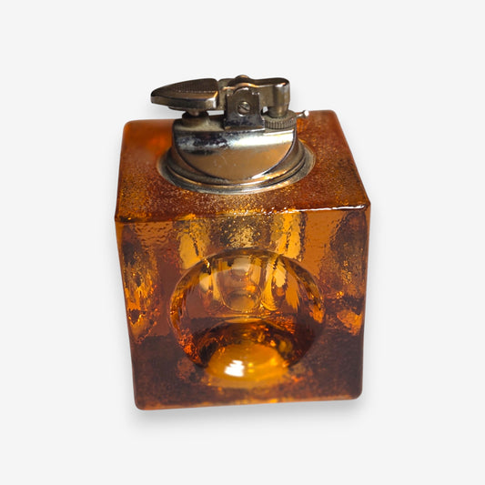 Murano-Attributed Vintage Italian Glass Cube Table Lighter - Amber