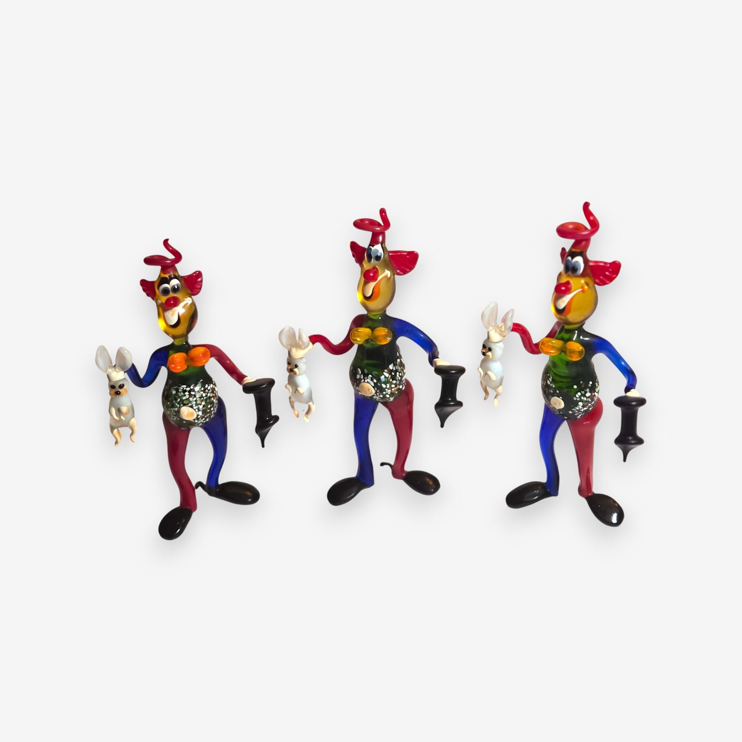 Vintage Murano-Attributed Glass Clown Figurines Set of 3 - Multi-Colour