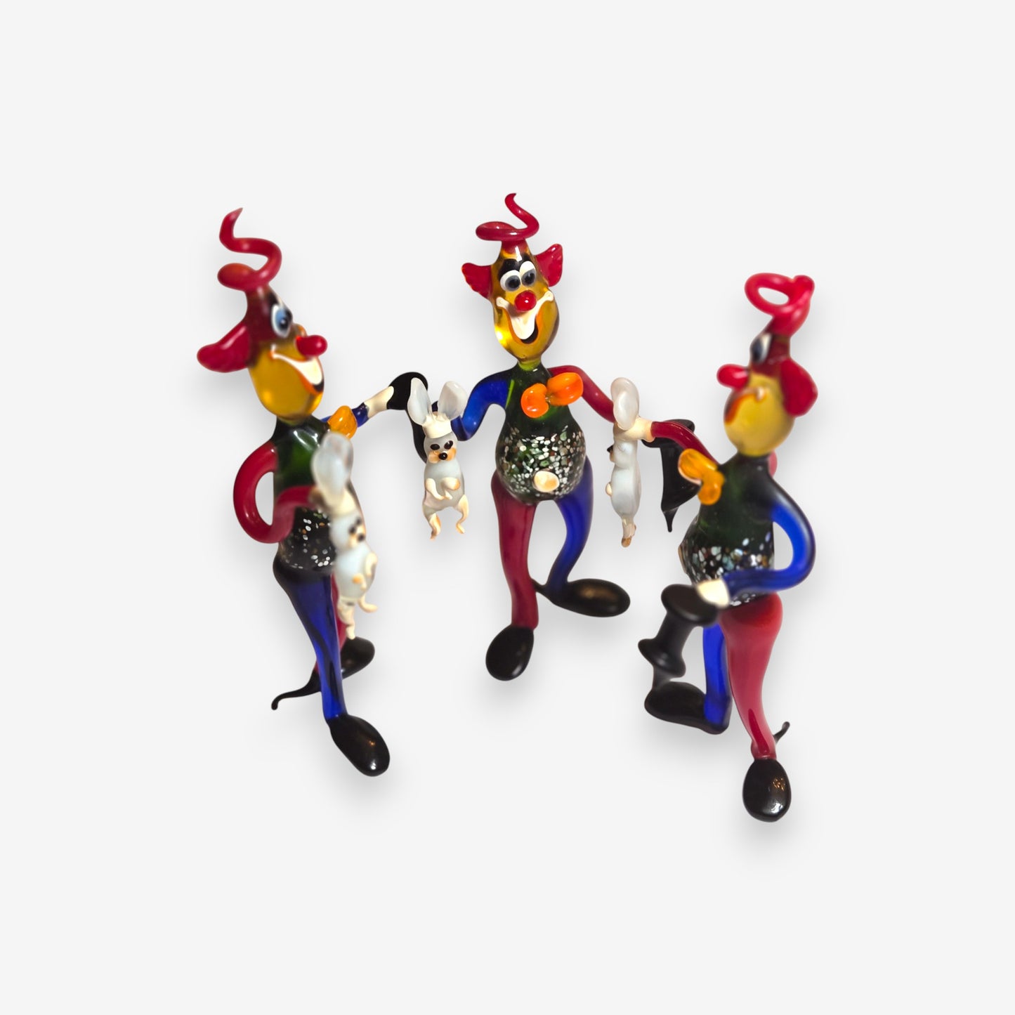 Vintage Murano-Attributed Glass Clown Figurines Set of 3 - Multi-Colour
