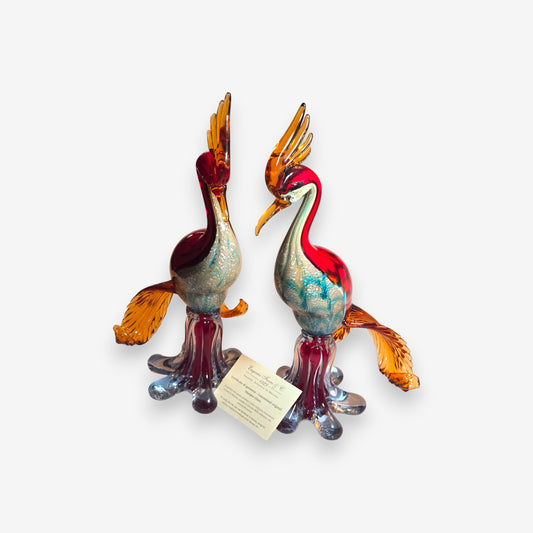 Murano-Attributed Glass Bird Figurines with Silver Leaf Inclusions - Multi-Colour