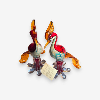 Murano Glass Bird Figurines with Silver Leaf Inclusions - Multi-Colour