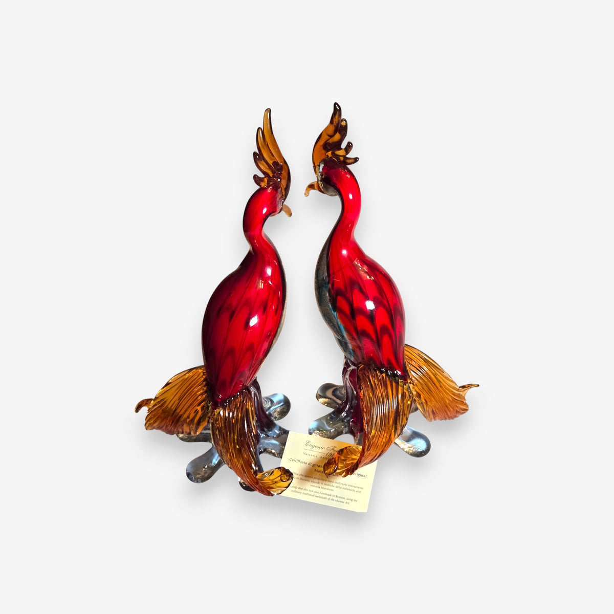 Murano Glass Bird Figurines with Silver Leaf Inclusions - Multi-Colour